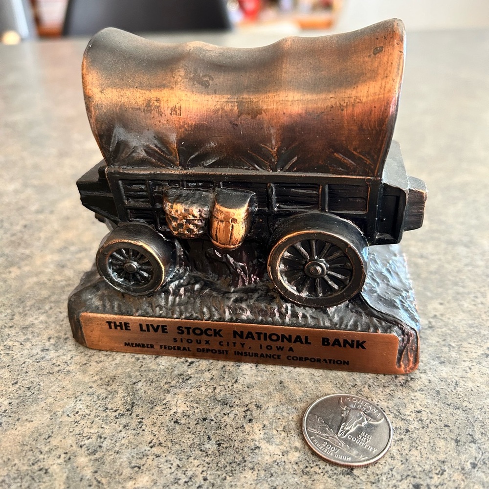 Vintage Copper Covered Wagon Bank from Live Stock National Bank Sioux City, IA